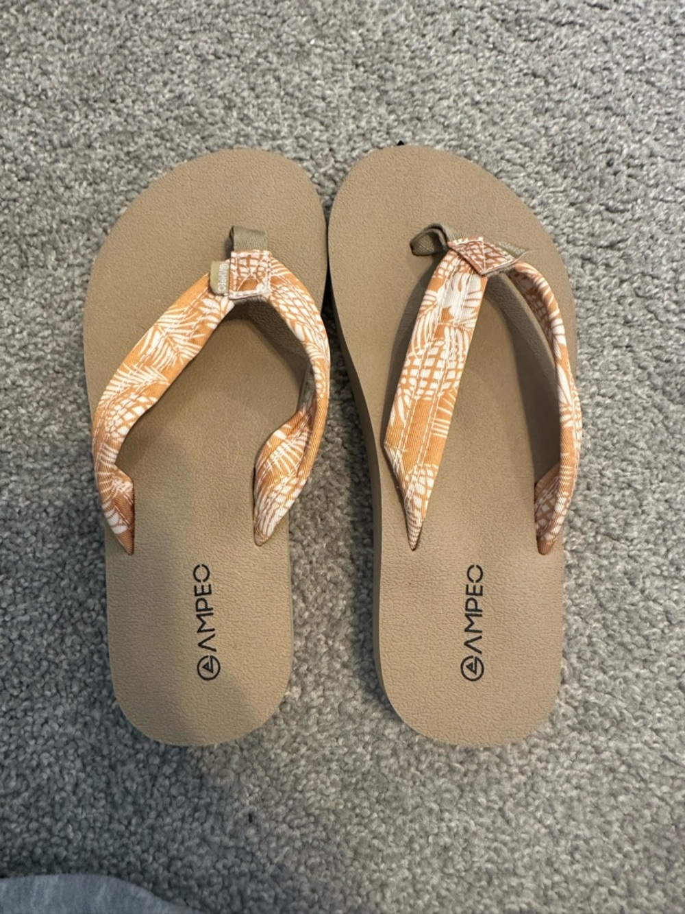 Women's Tan Footbed Orange Patterned Strap Flip Flops